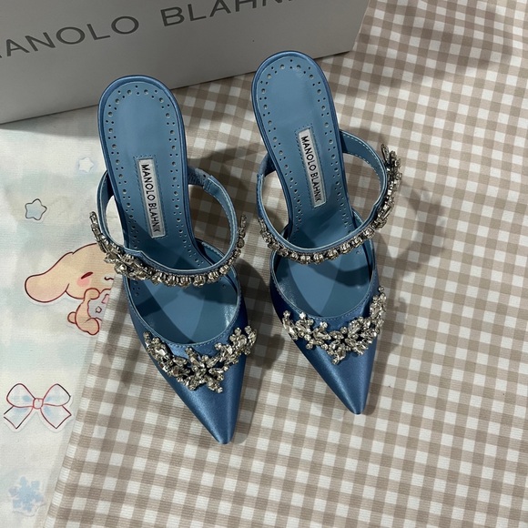 Manolo Blahnik Shoes - Manolo Blahnik Blue Satin Crystal-Embellished Pointed Toe Mules